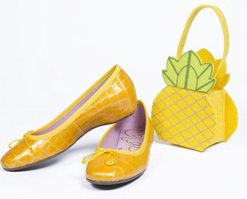 bodegón zapatos amarillo y piña